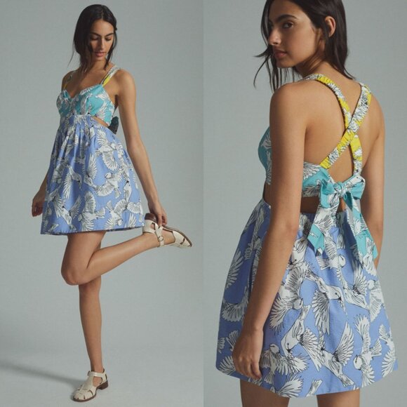 Maeve by Anthropologie Blue Multi Bird Printed Tie Back Mini Dress 26722 - Picture 1 of 15